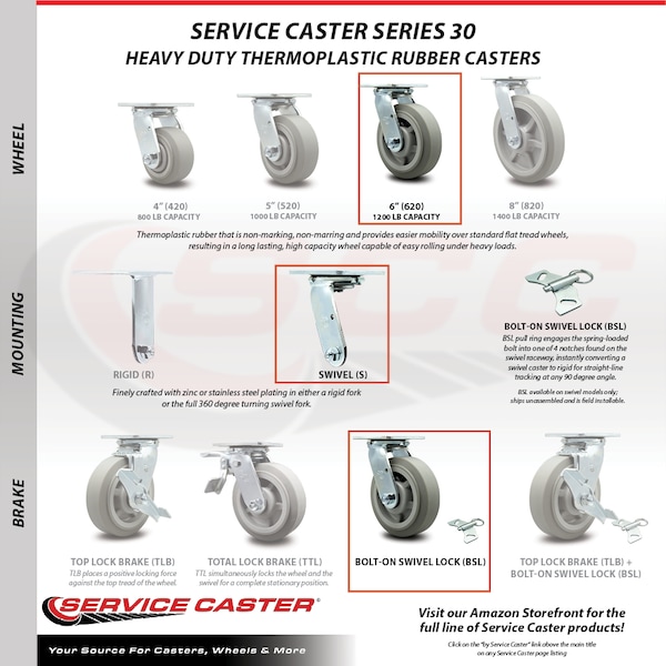 6 Inch Thermoplastic Rubber Swivel Caster with Ball Bearing and Swivel Lock SCC